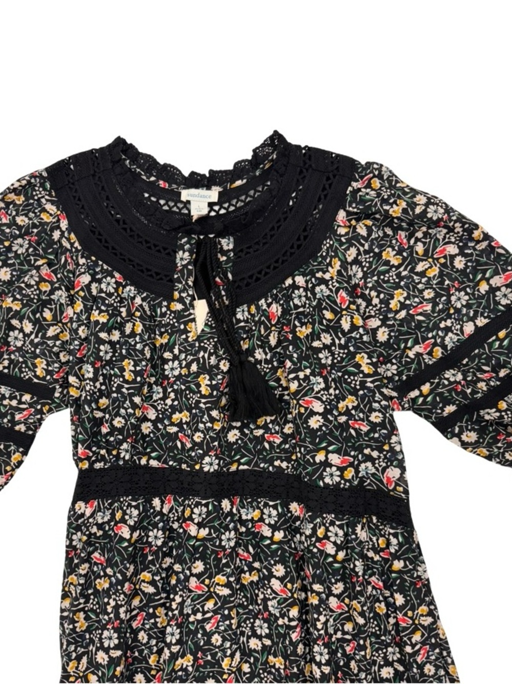 Sundance Black Floral Midi Dress with Crochet Yoke - Picture 6 of 10